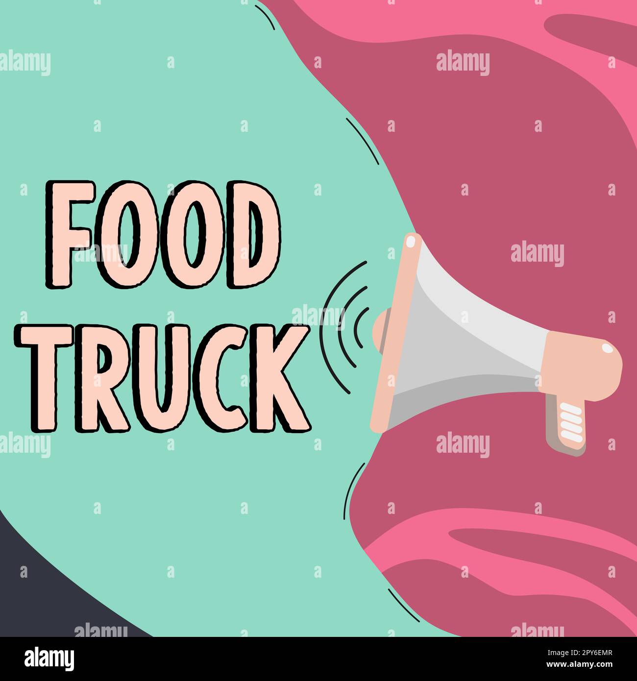 Affiche textuelle indiquant le camion alimentaire. Aperçu de l'entreprise un grand véhicule avec des installations pour cuisiner et vendre des aliments Banque D'Images