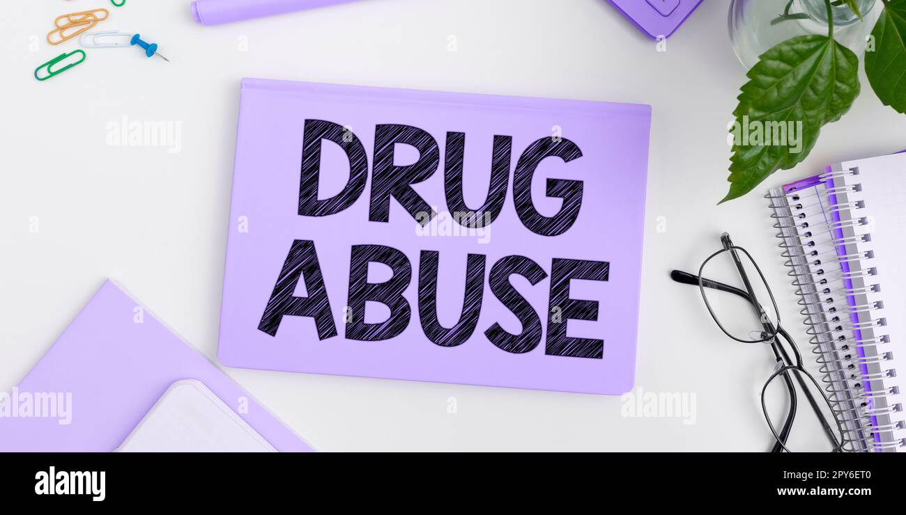 Inspiration montrant signe d'abus de drogue. Mot pour drogue compulsive cherchant la prise habituelle de drogues illégales Banque D'Images