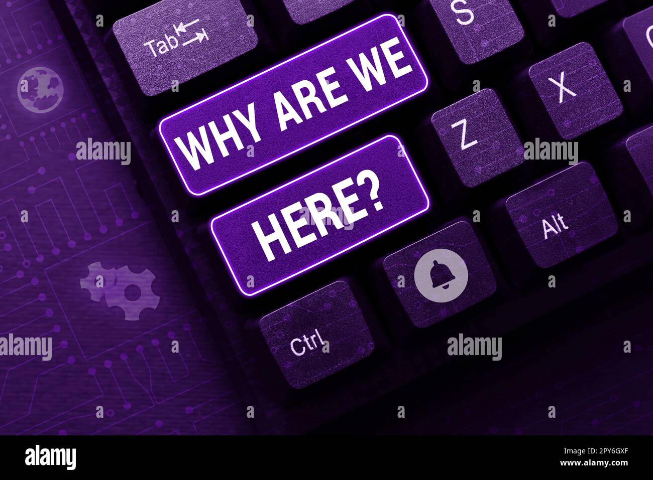 Texte d'écriture Pourquoi sommes-nous ici. Mot pour les raisons d'être quelque part but d'explication Banque D'Images