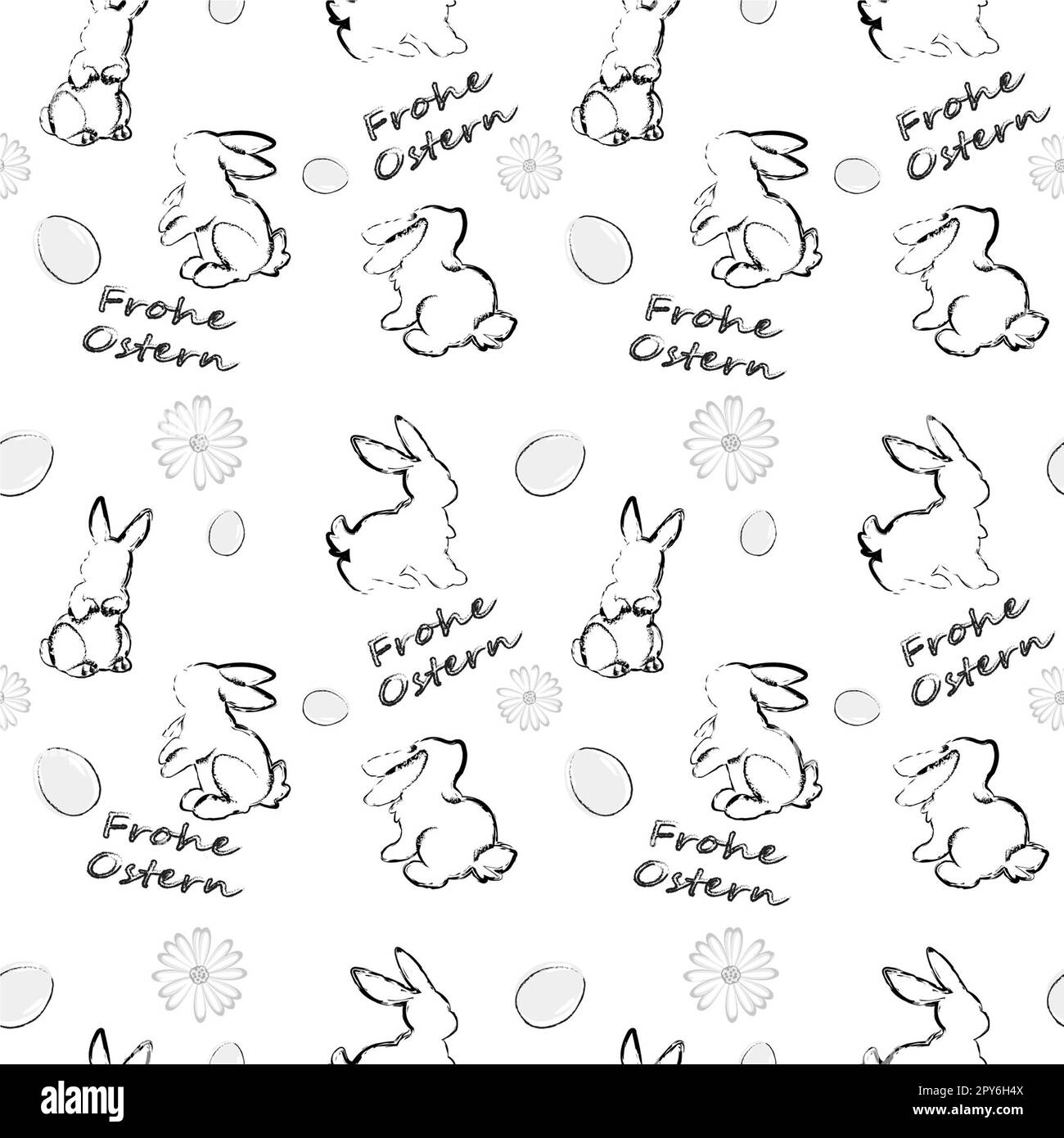 Motif sans couture avec lapins de Pâques, œufs, fleurs et inscription en allemand sur fond blanc. Traduction: Joyeuses Pâques. Le concept du Banque D'Images
