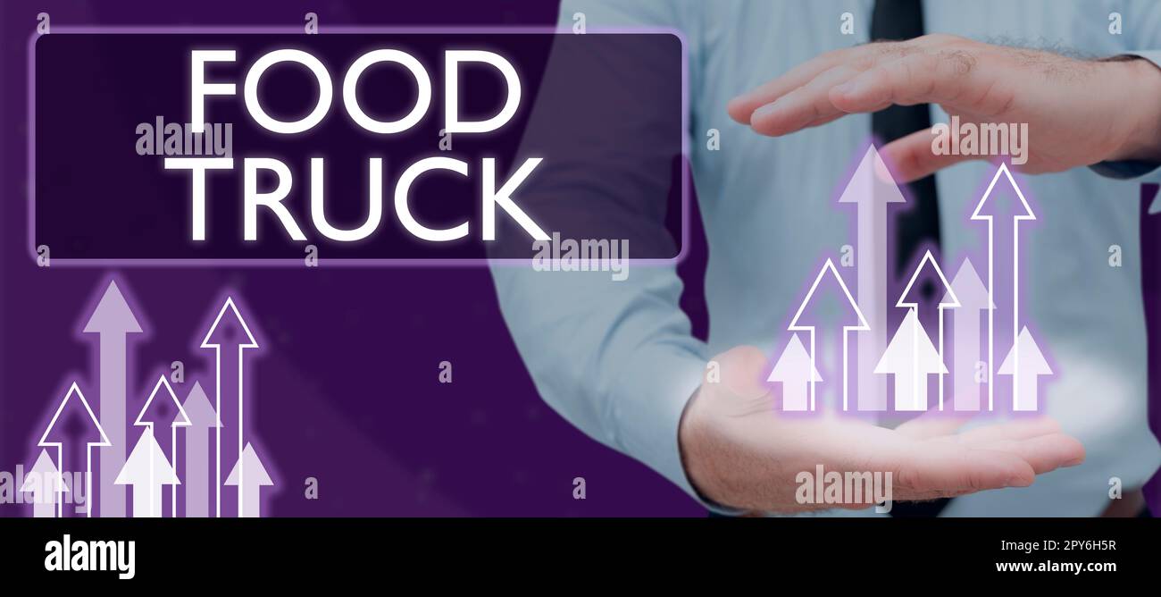 Texte montrant le chariot alimentaire inspiration. Idée d'affaires un grand véhicule avec des installations pour la cuisine et la vente de nourriture Banque D'Images