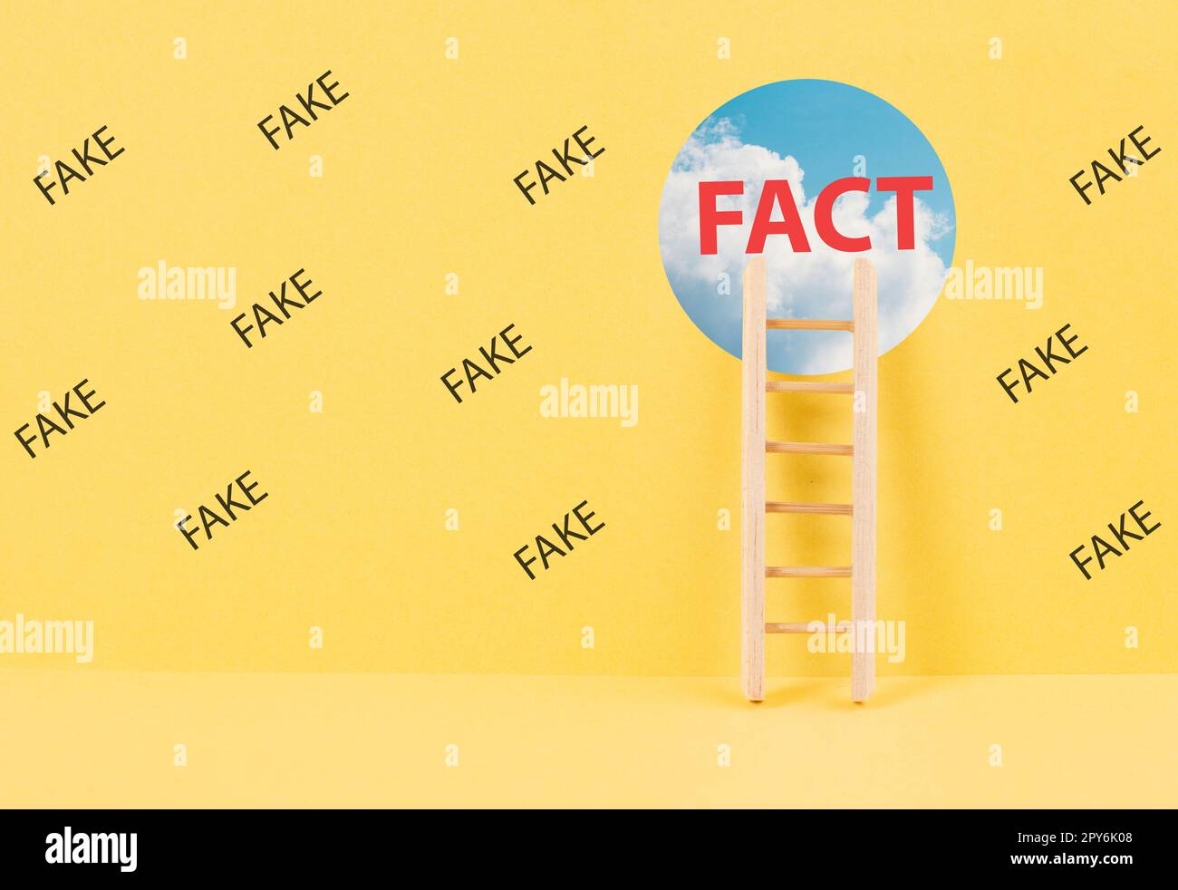 L'échelle au trou dans le mur avec le mot fait, entouré par les fausses nouvelles, la propagande et la théorie du complot, les médias et la question de manipulation Banque D'Images