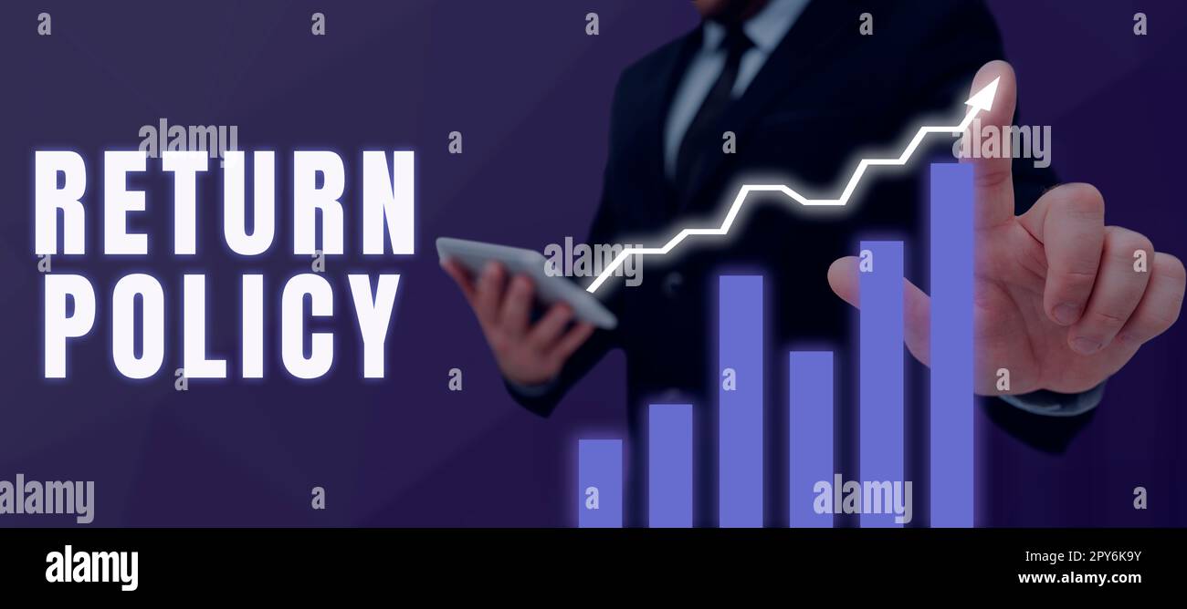 Politique de retour de texte d'écriture manuscrite. Approche commerciale remboursement de la taxe Conditions générales de vente au détail à l'achat Banque D'Images