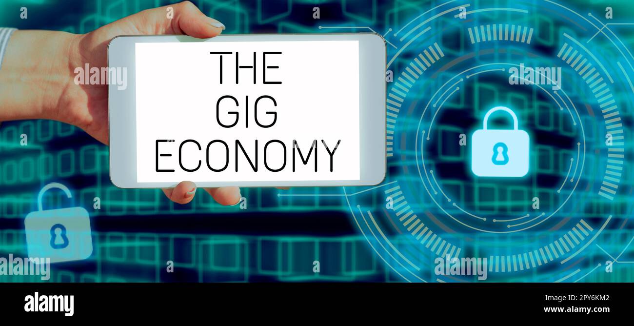 Légende du texte présentant The Gig Economy. Vitrine marché des contrats à court terme travail indépendant temporaire Banque D'Images