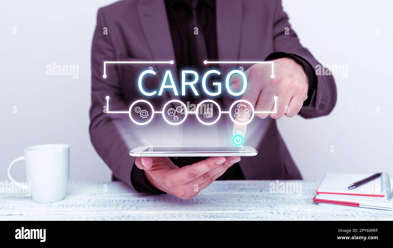 Affiche indiquant le chargement. Présentation commerciale des marchandises marchandise transportée dans un avion et un véhicule de navire Banque D'Images