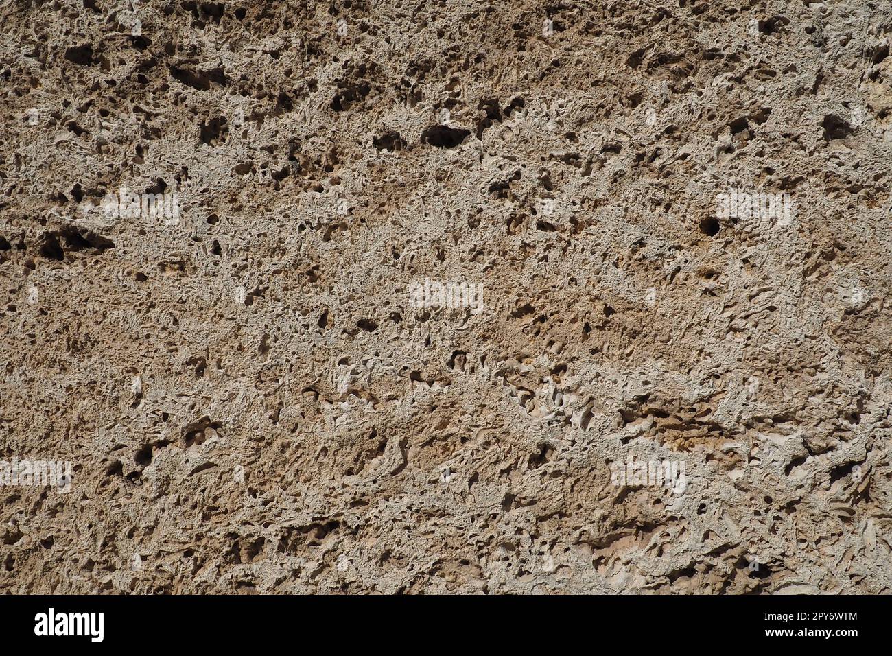 Mur texturé doublé de carreaux de roche beige. Gros plan d'un mur en roche de coquille ancienne. Trous, irrégularités de matériaux de construction naturels. Mur de l'église à Banja Koviljaca, Serbie Banque D'Images