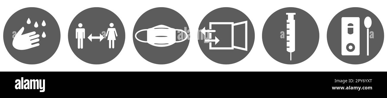 Bandeau d'instructions Covid-19 : boutons gris avec icônes blanches pour les règles du coronavirus Banque D'Images
