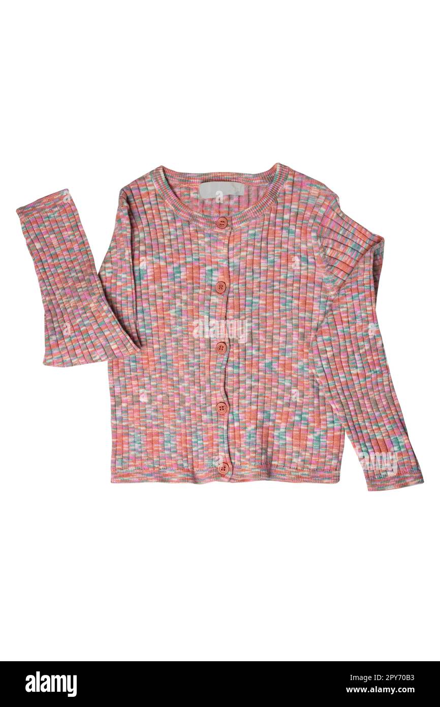 Vêtements pour filles. Gilet ou pull doux et coloré à col en V et fermeture à boutons isolés. Masque. Mode pour enfants et enfants. Banque D'Images