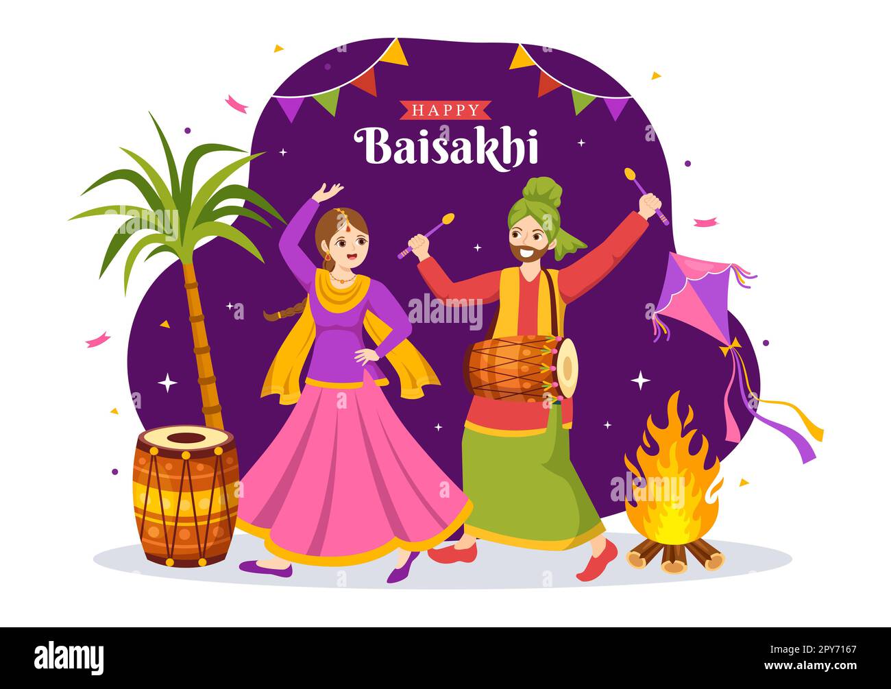 Happy Baisakhi Illustration avec Vaisakhi Punjabi Spring Harvest Festival of Sikh célébration dans Flat Cartoon dessiné à la main pour Landing page Templates Banque D'Images