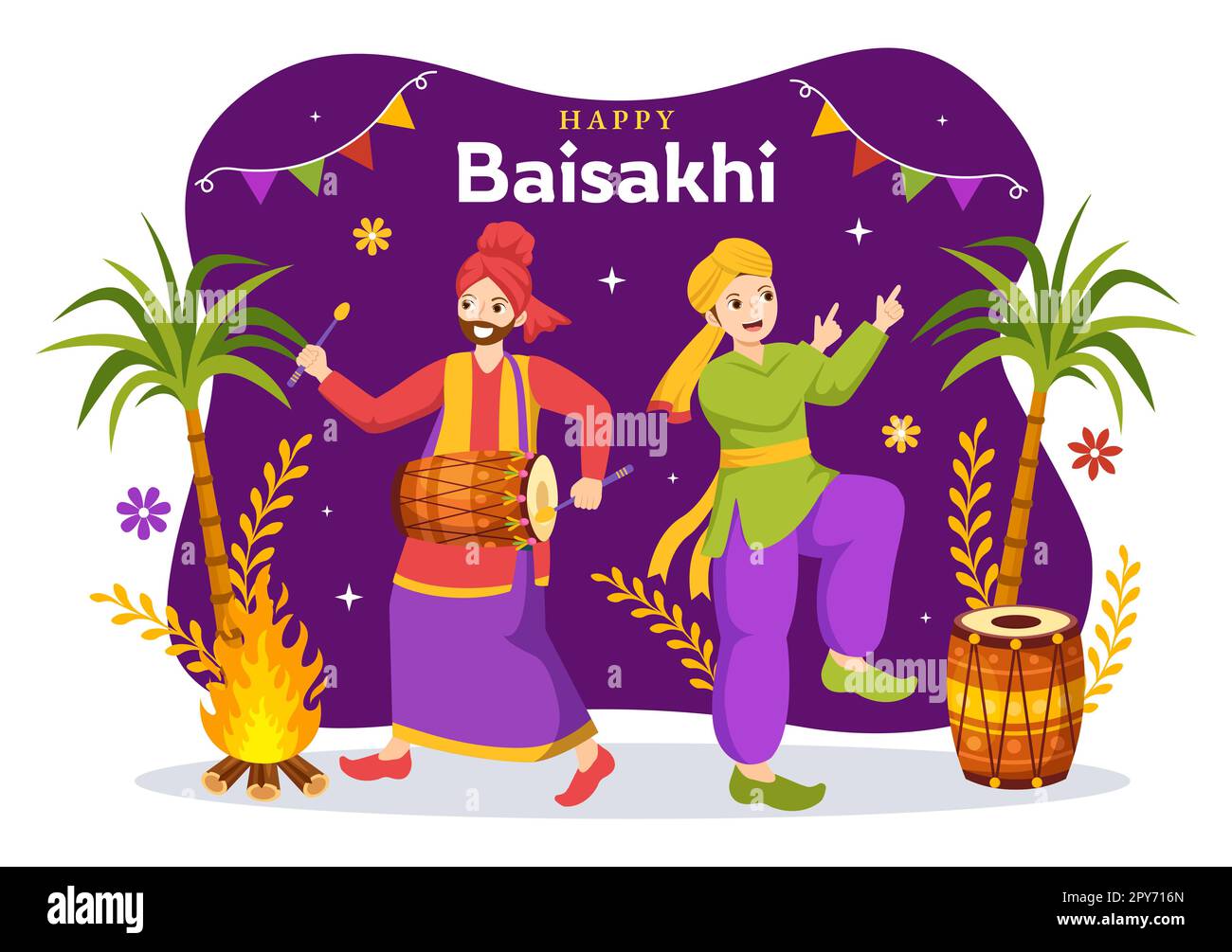 Happy Baisakhi Illustration avec Vaisakhi Punjabi Spring Harvest Festival of Sikh célébration dans Flat Cartoon dessiné à la main pour Landing page Templates Banque D'Images