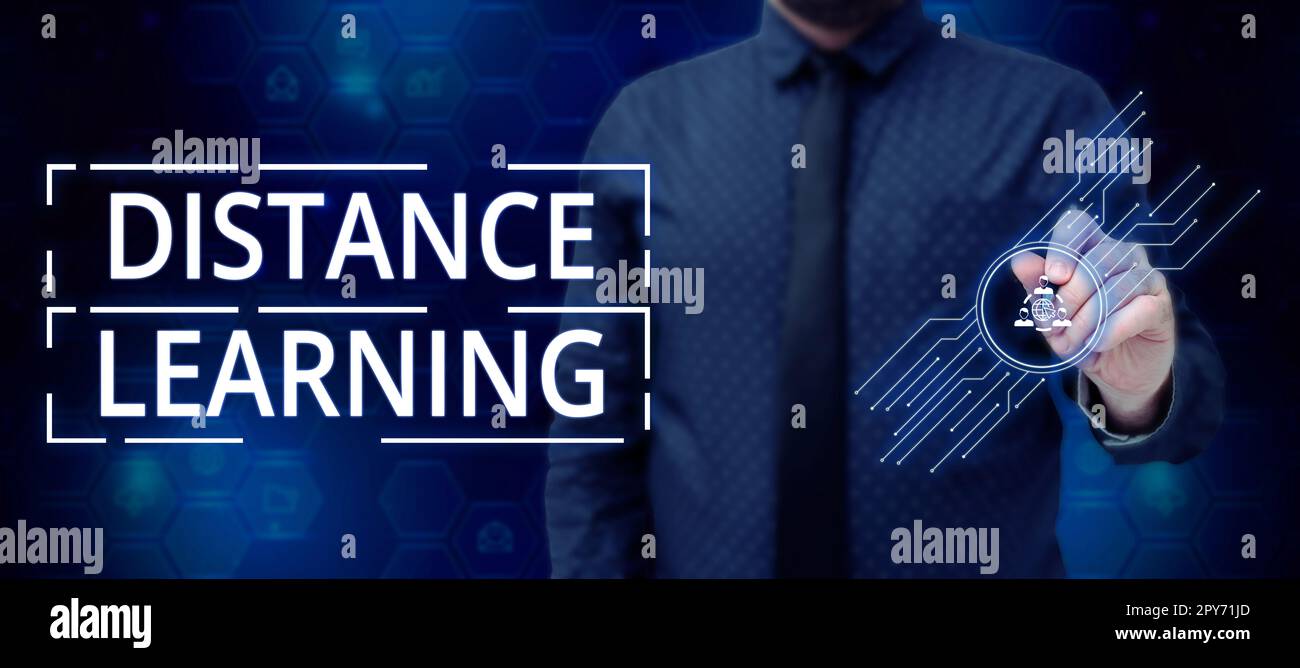 Affiche textuelle indiquant l'apprentissage à distance. Concept signifiant des conférences éducatives diffusées à distance sur Internet Banque D'Images