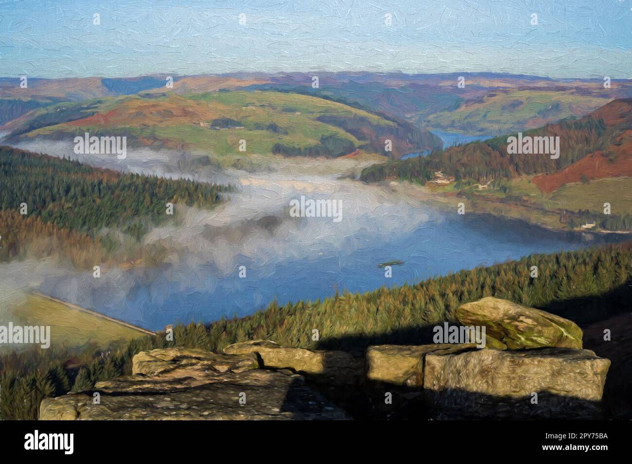 Bamford Edge. Ladybower et Hope Valley. Peinture numérique à l'huile d'une inversion de température au lever du soleil en hiver dans le parc national de Peak District, en Angleterre, Banque D'Images