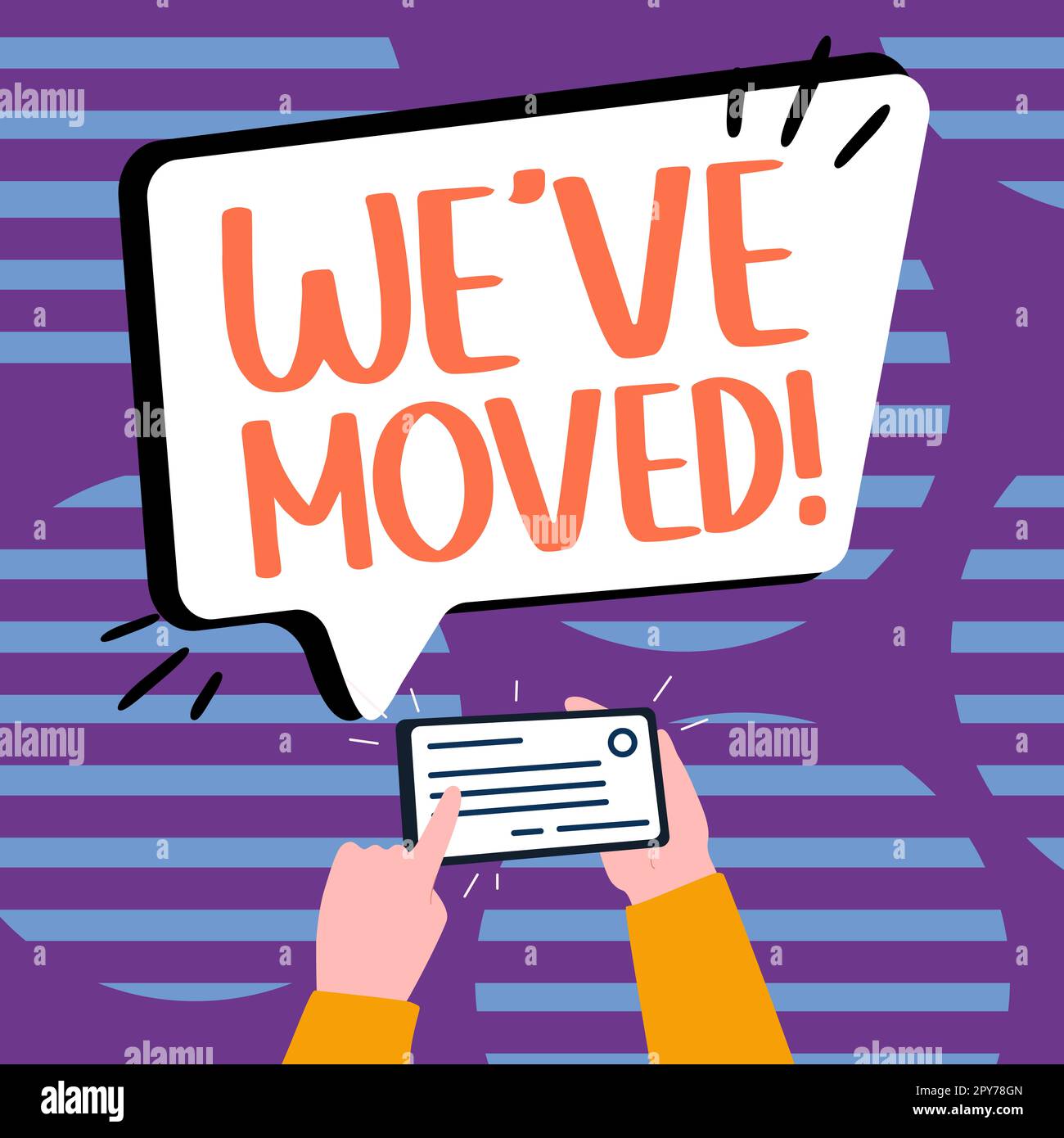 Légende du texte présentant We'VE déplacé. Mot écrit sur aller vivre à partir d'un autre lieu même ou pays différent Banque D'Images