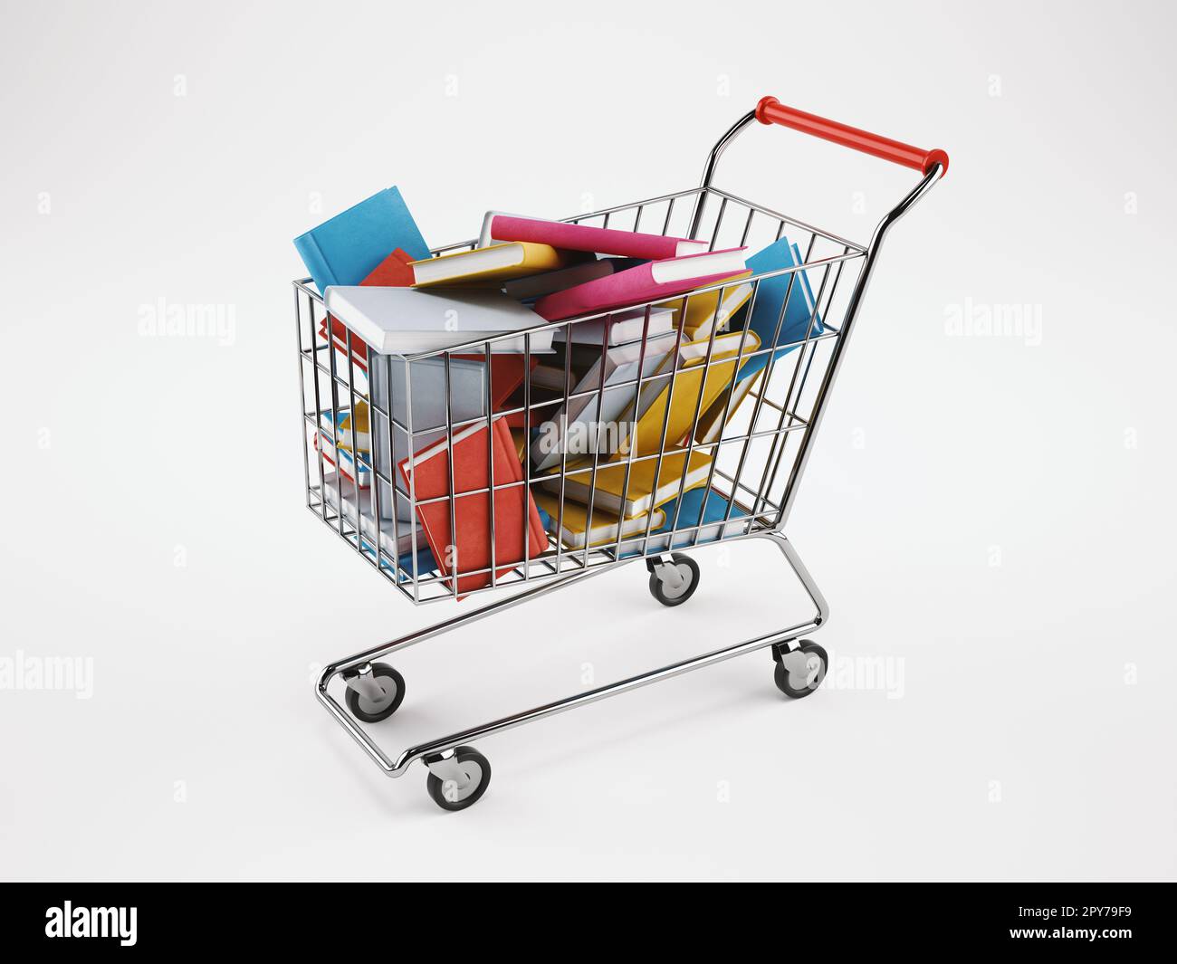 Panier plein de livres. École, concept de commandes en ligne. Rendu 3D Banque D'Images
