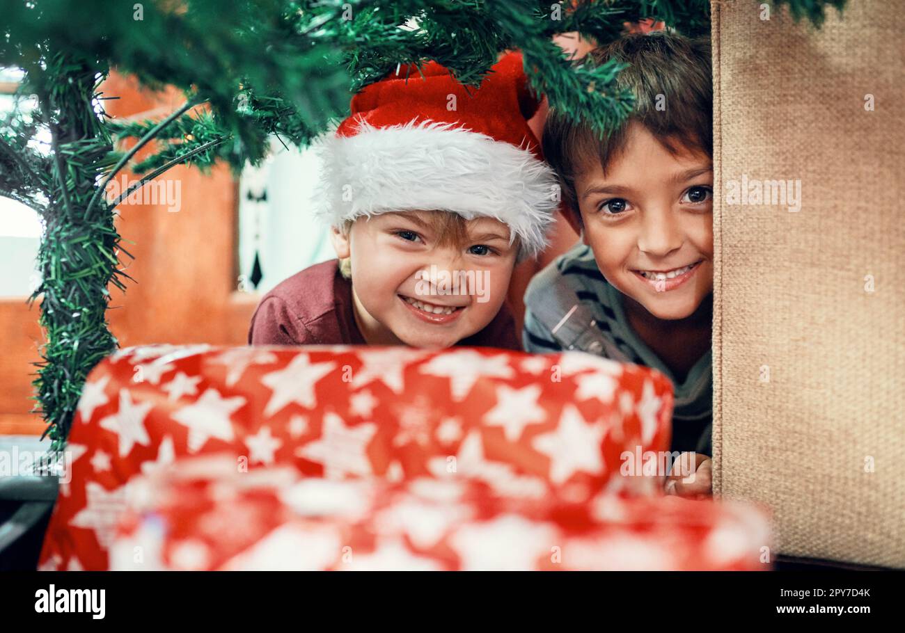Première ligne pour ouvrir les présents. Portrait de deux adorables frères jouant sous l'arbre de Noël à la maison. Banque D'Images