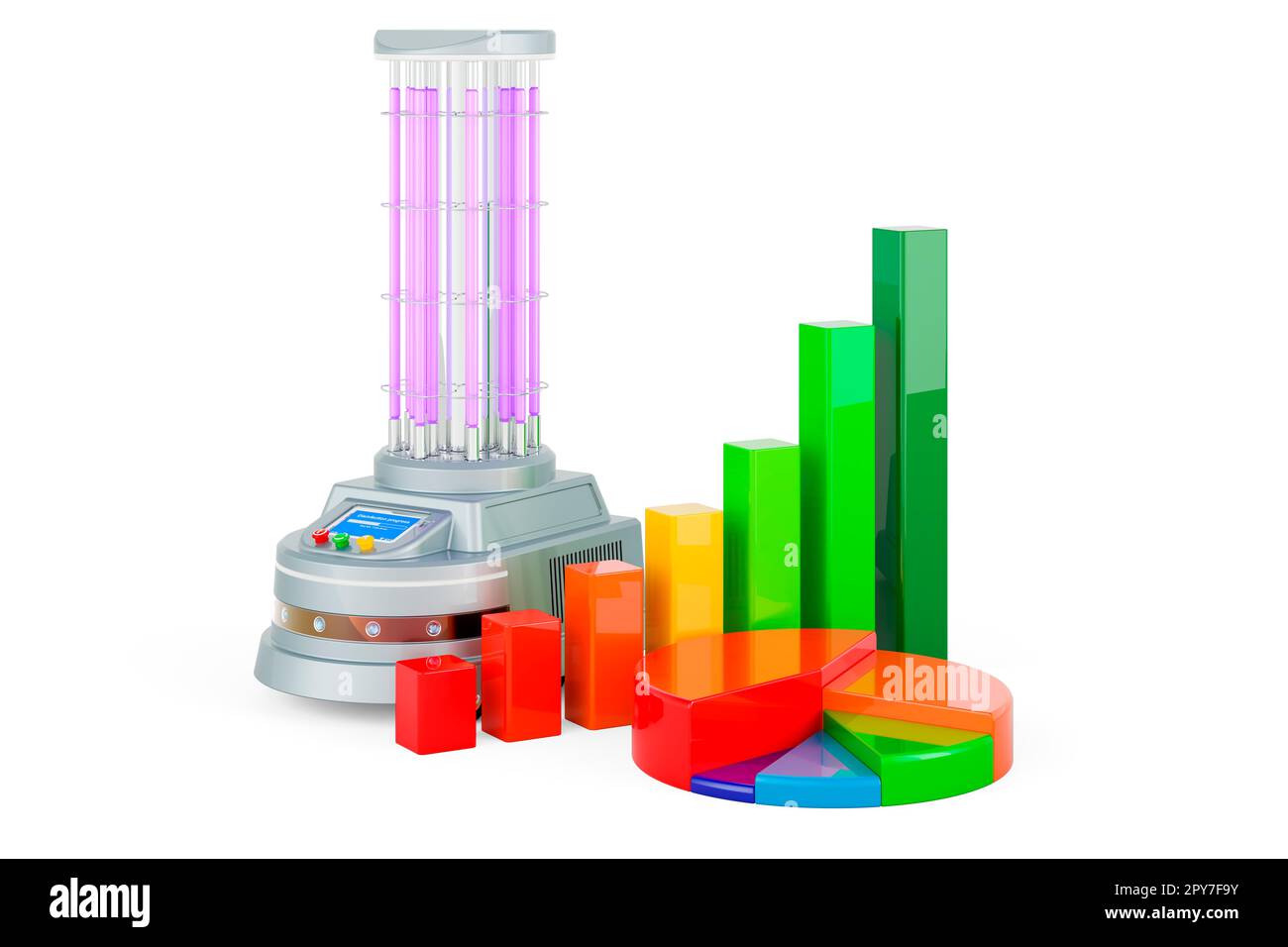 Robot UV-désinfection avec graphique à barres de croissance et graphique circulaire, rendu 3D isolé sur fond blanc Banque D'Images