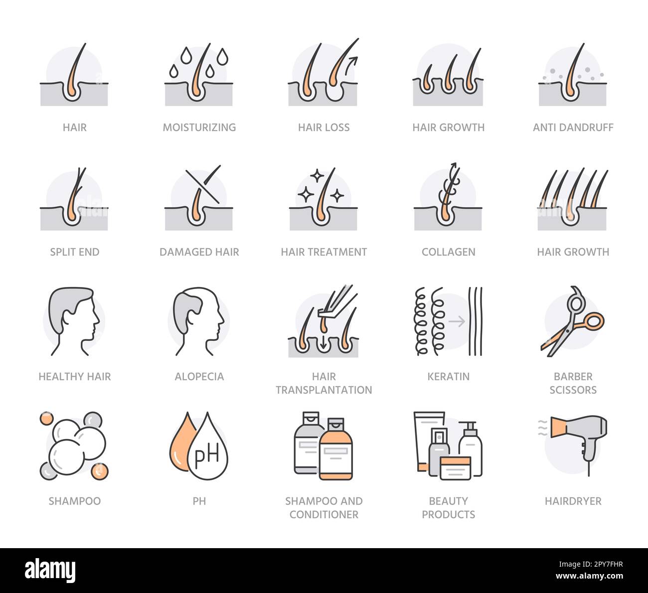 Ensemble d'icônes de traitement de perte de cheveux. Shampooing ph, pellicules, croissance des cheveux, kératine, bouteille d'après-shampooing illustrations vectorielles. Présenter les signes de beauté Illustration de Vecteur