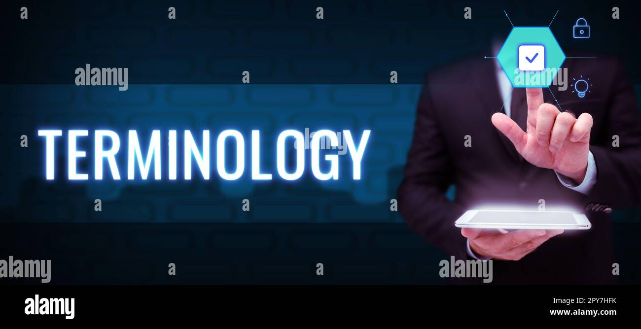 Affiche indiquant la terminologie. Mot pour termes utilisés avec une application technique particulière dans les études Banque D'Images