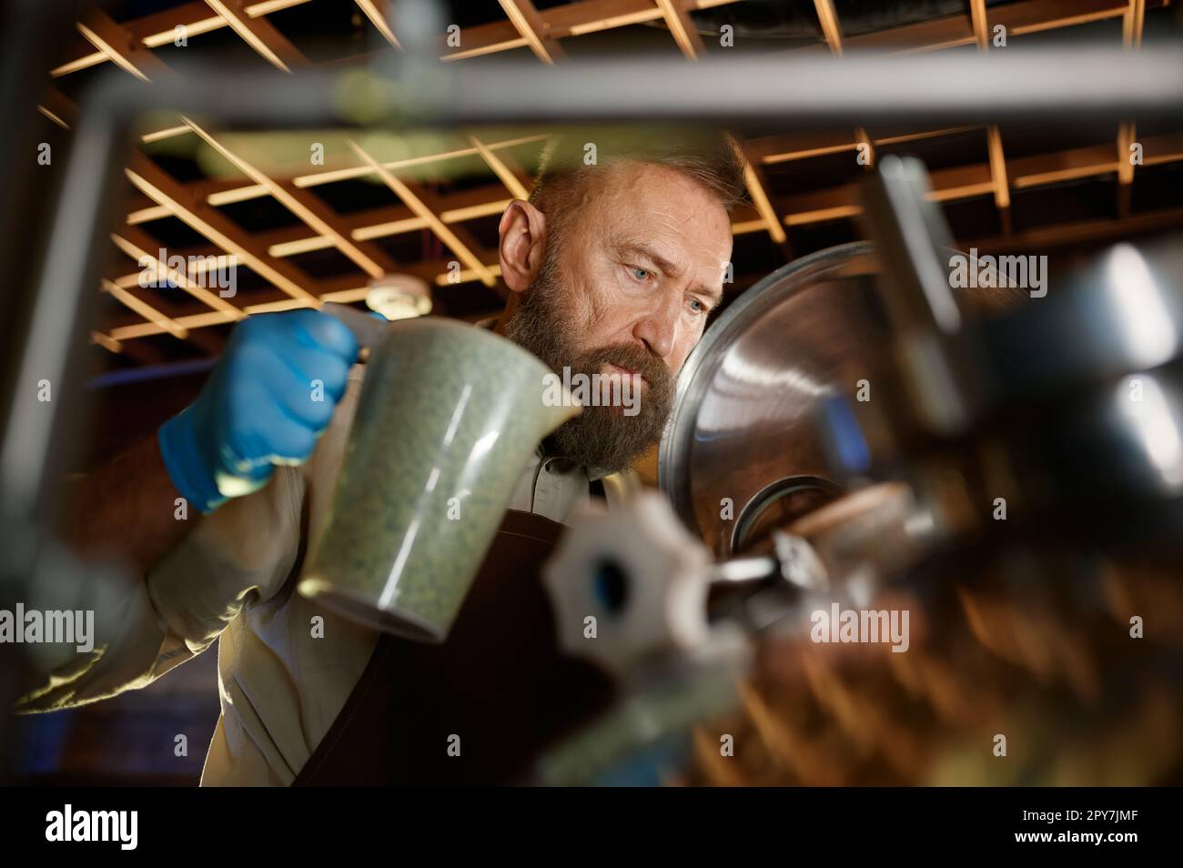 Brasseur ajoutant de la fermentation avec de la levure ou sautez dans le réservoir à bière Banque D'Images