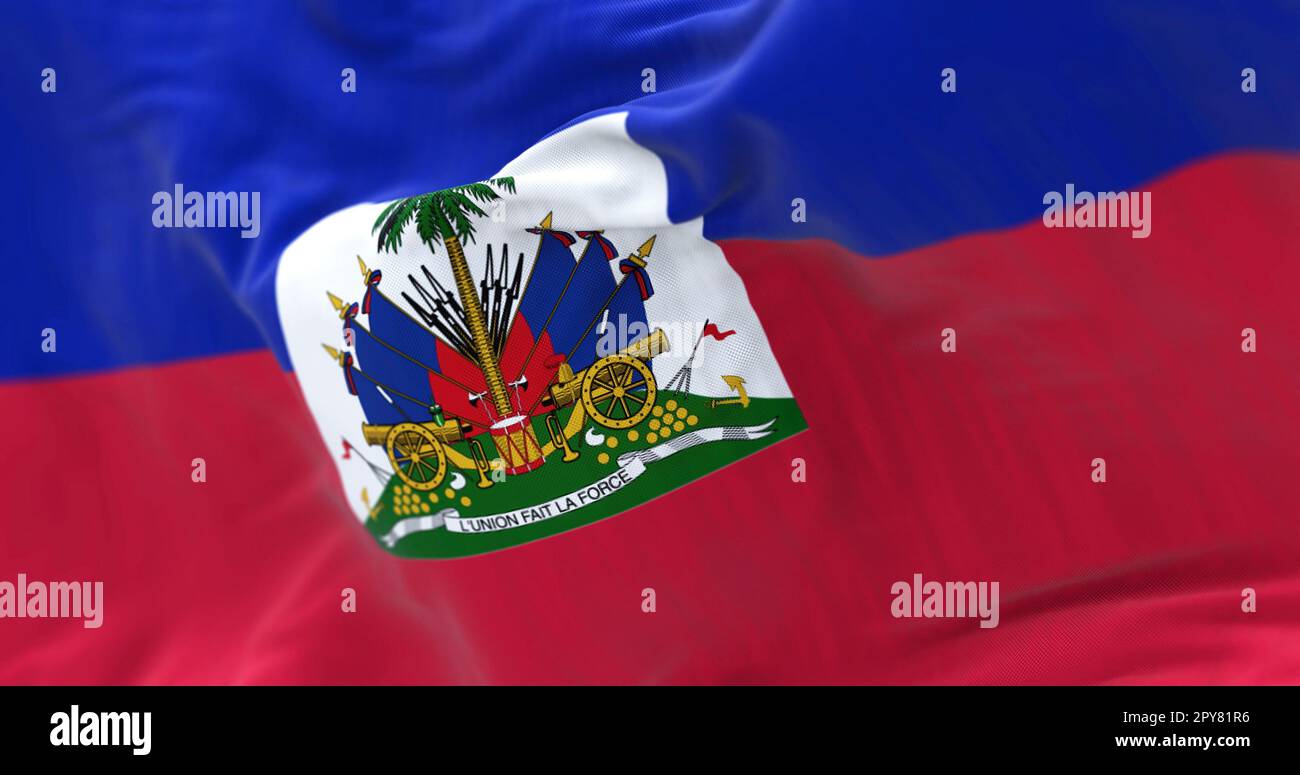 Détail du drapeau national d'Haïti. Bandes horizontales bleues et rouges avec les armoiries haïtiennes dans un carré blanc. 3d rendu d'illustration. Sélection Banque D'Images