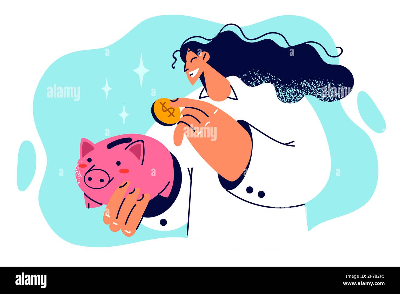 Une femme jette de la monnaie dans une banque de piggy pour économiser de l'argent pour l'éducation ou l'achat de sa propre propriété à l'avenir. Fille veut devenir riche et réussi, ainsi elle Banque D'Images