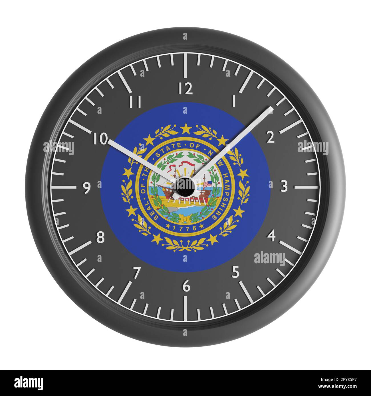 Signes et symboles. Elément de conception. 3D illustration. Horloge murale avec le drapeau du New Hampshire Banque D'Images