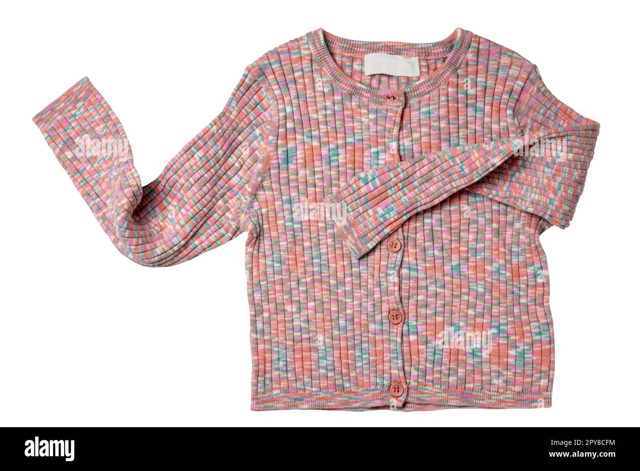 Vêtements pour filles. Gilet ou pull doux et coloré à col en V et fermeture à boutons isolés. Masque. Mode pour enfants et enfants. Banque D'Images