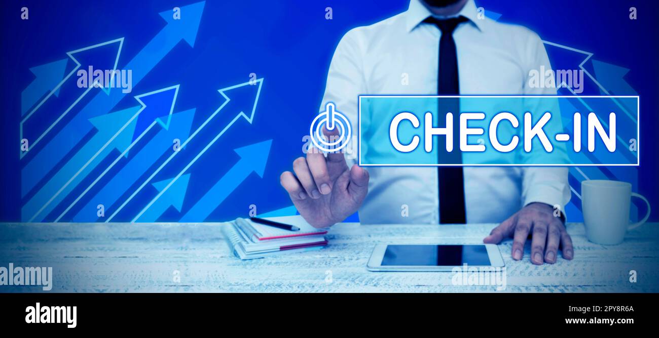 Affiche Check In. Mot pour la procédure par laquelle une compagnie aérienne ou un hôtel enregistre officiellement le client Banque D'Images