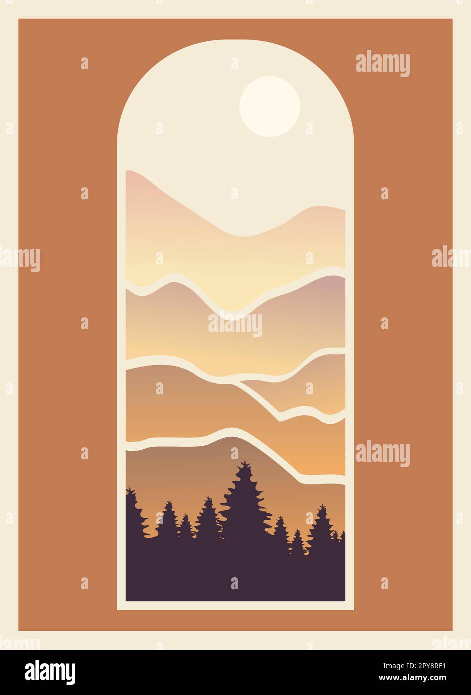 Vue minimale sur le paysage de montagne jetez l'affiche de fenêtre. Arrière-plan avec soleil et montagnes Illustration de Vecteur