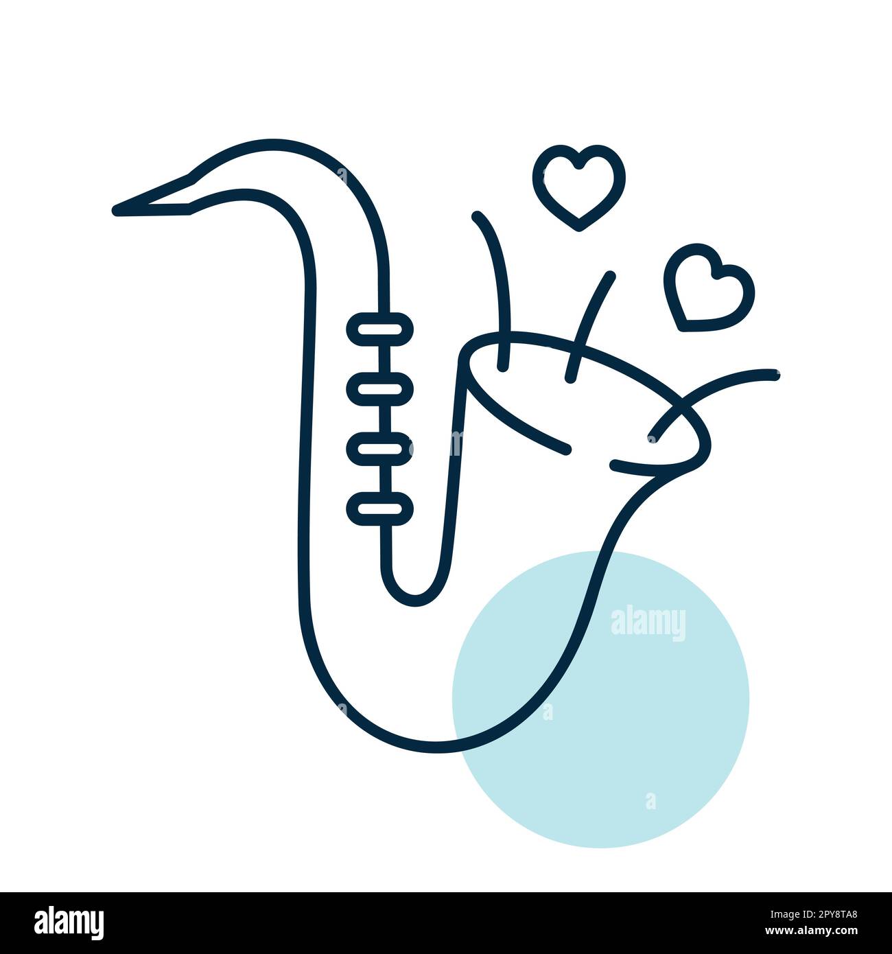 Icône isolée de saxophone mignon et de coeurs soufflants. Illustration vectorielle, éléments romantiques. Autocollant, patch, badge, carte de mariage, Valentin Banque D'Images