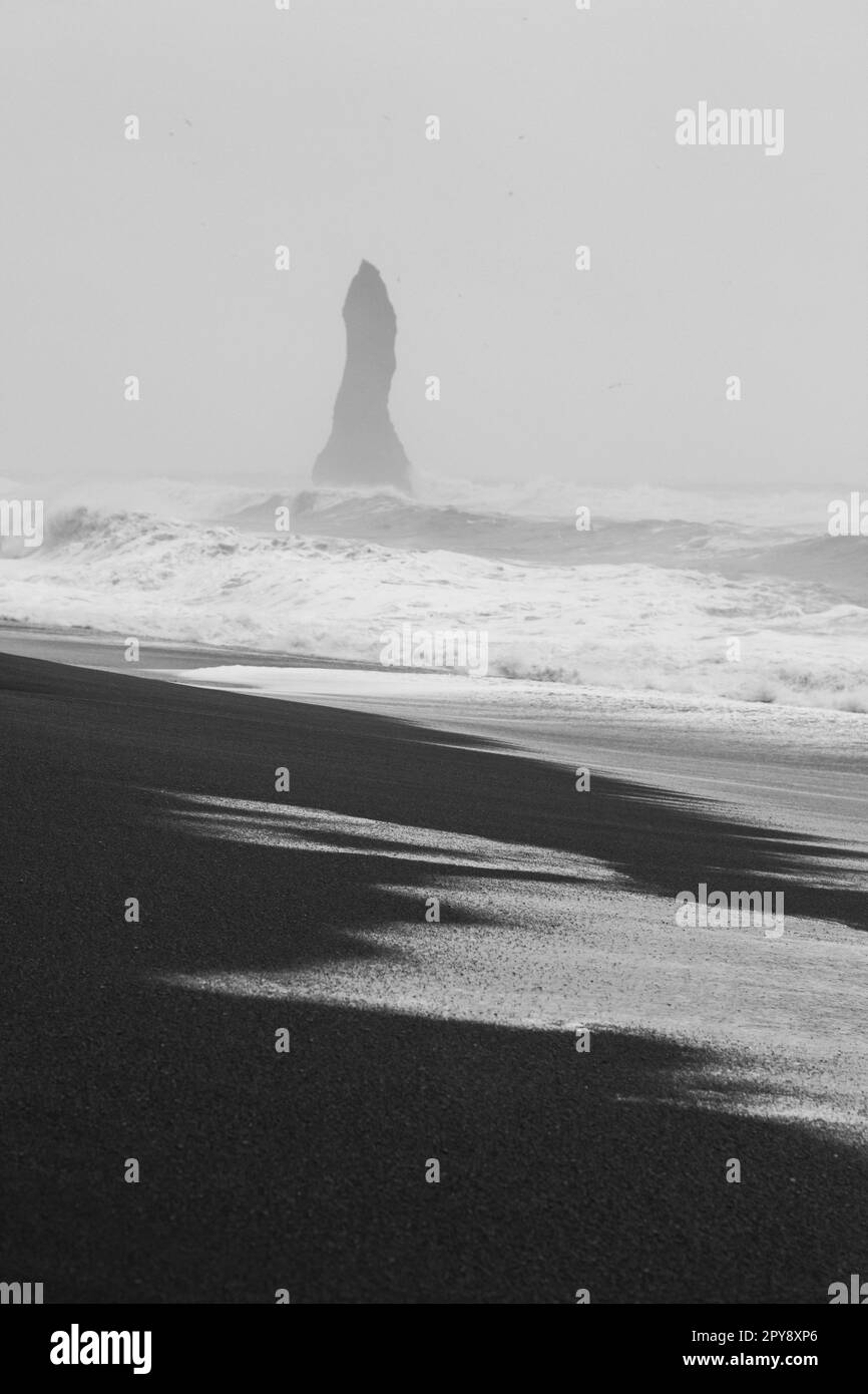 Foggy Reynisfjara plage monochrome paysage photo Banque D'Images