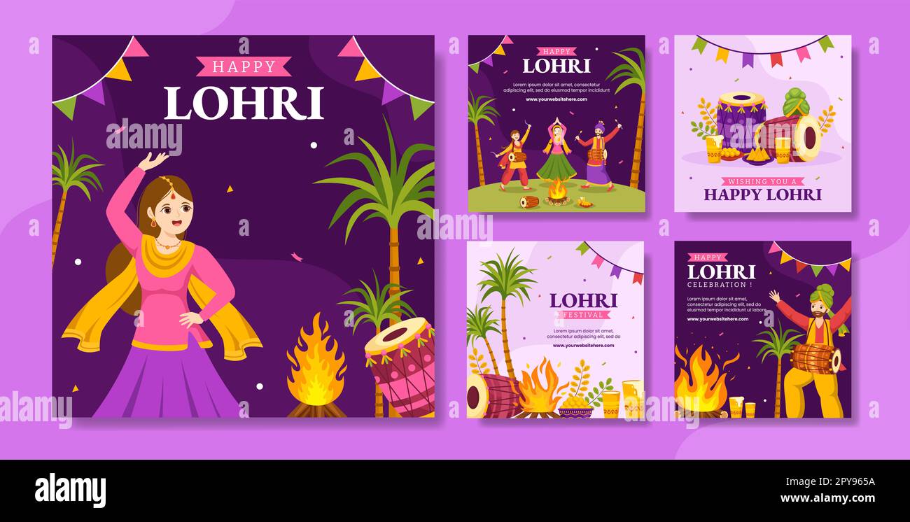 Happy Lohri Festival social Media Post Flat Cartoon dessins main modèles Illustration de fond Banque D'Images