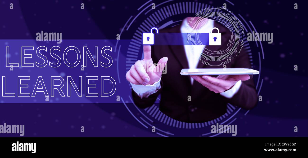 Affiche les leçons apprises. Concept d'entreprise promouvoir le partage et l'utilisation des connaissances issues de l'expérience Banque D'Images