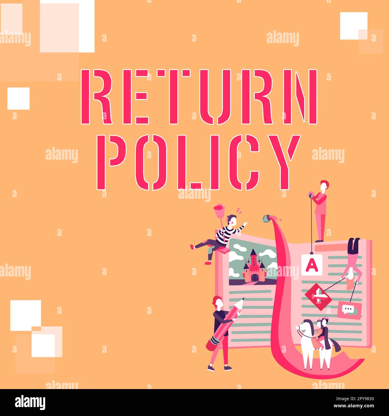Légende présentant la politique de retour. Approche commerciale remboursement de la taxe Conditions générales de vente au détail à l'achat Banque D'Images
