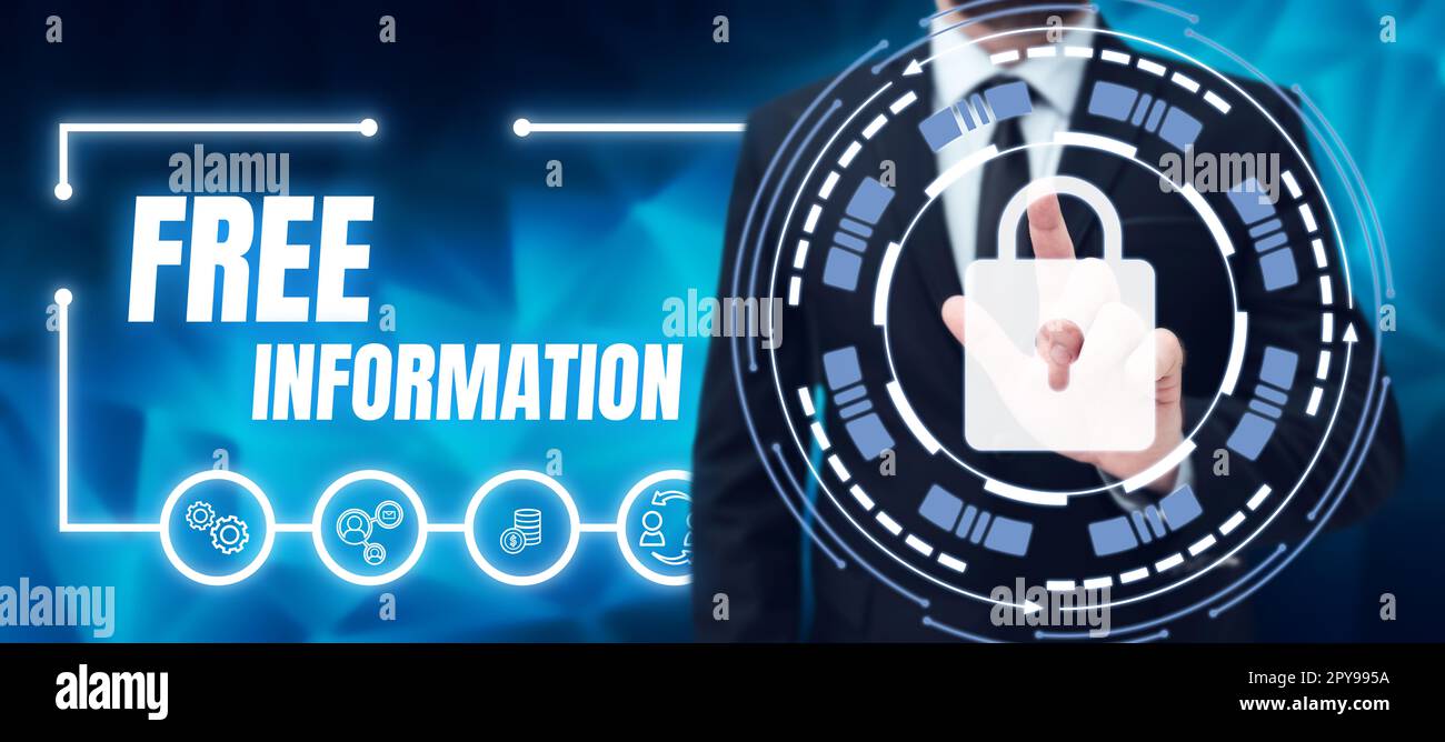 Affichage conceptuel informations libres. Mot pour les connaissances obtenues gratuitement à partir d'une enquête, d'une étude ou d'une instruction Banque D'Images