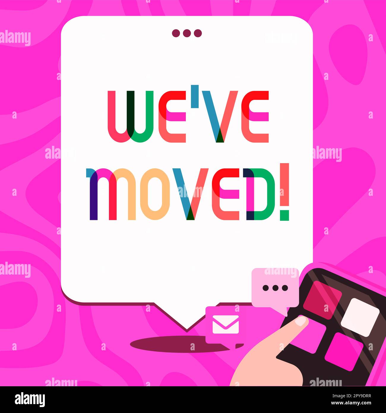 Inspiration montrant le signe que nous avons déménagé. Vitrine d'affaires qui va vivre à partir d'un autre endroit même ou pays différent Banque D'Images