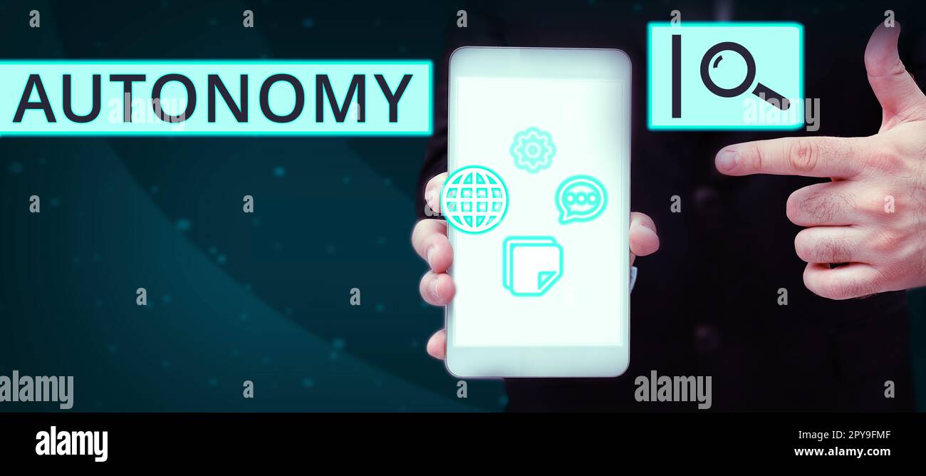 Affiche indiquant l'autonomie. Véhicule de concept d'entreprise qui peut se guider sans la conduction humaine Banque D'Images Affiche indiquant l'autonomie. Véhicule de concept d'entreprise qui peut se guider sans la conduction humaine Banque D'Images