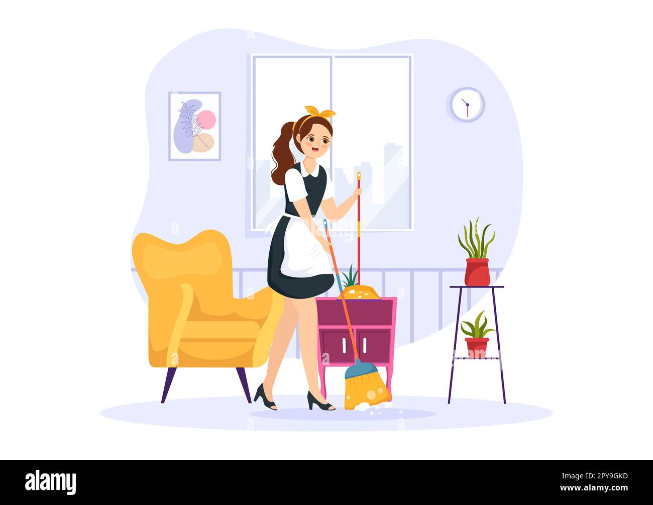 Professionnel fille Maid Illustration du service de nettoyage porter son uniforme avec tablier pour nettoyer une maison dans un dessin-modèle à la main Banque D'Images