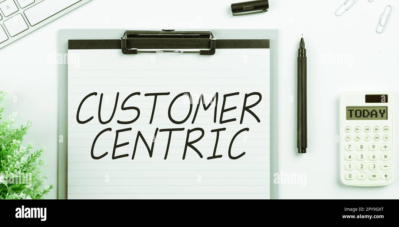 Affiche centrée sur le client. Mot pour le processus de prendre soin des clients pour assurer leur plaisir Banque D'Images