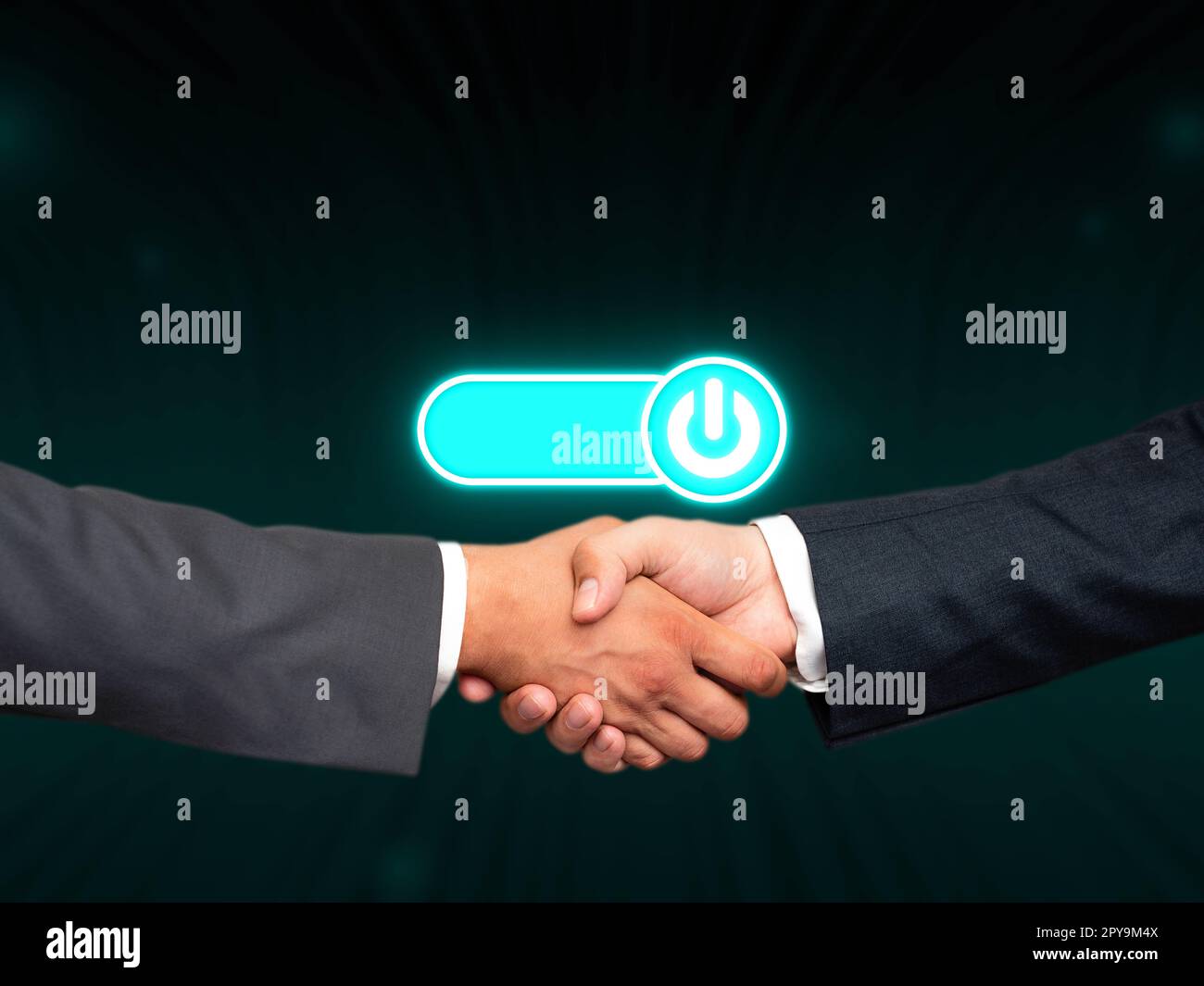 Deux hommes en costumes serrant la main dans le fond de style futuriste avant avec lueur colorée. Les nouvelles technologies numériques du futur. La poignée de main représente un accord. Banque D'Images