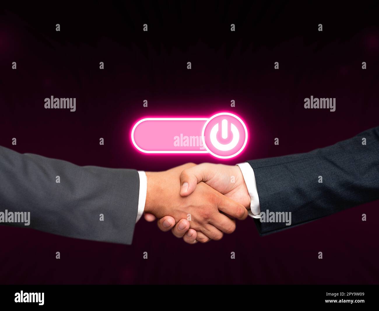 Deux hommes en costumes serrant la main dans le fond de style futuriste avant avec lueur colorée. Les nouvelles technologies numériques du futur. La poignée de main représente un accord. Banque D'Images