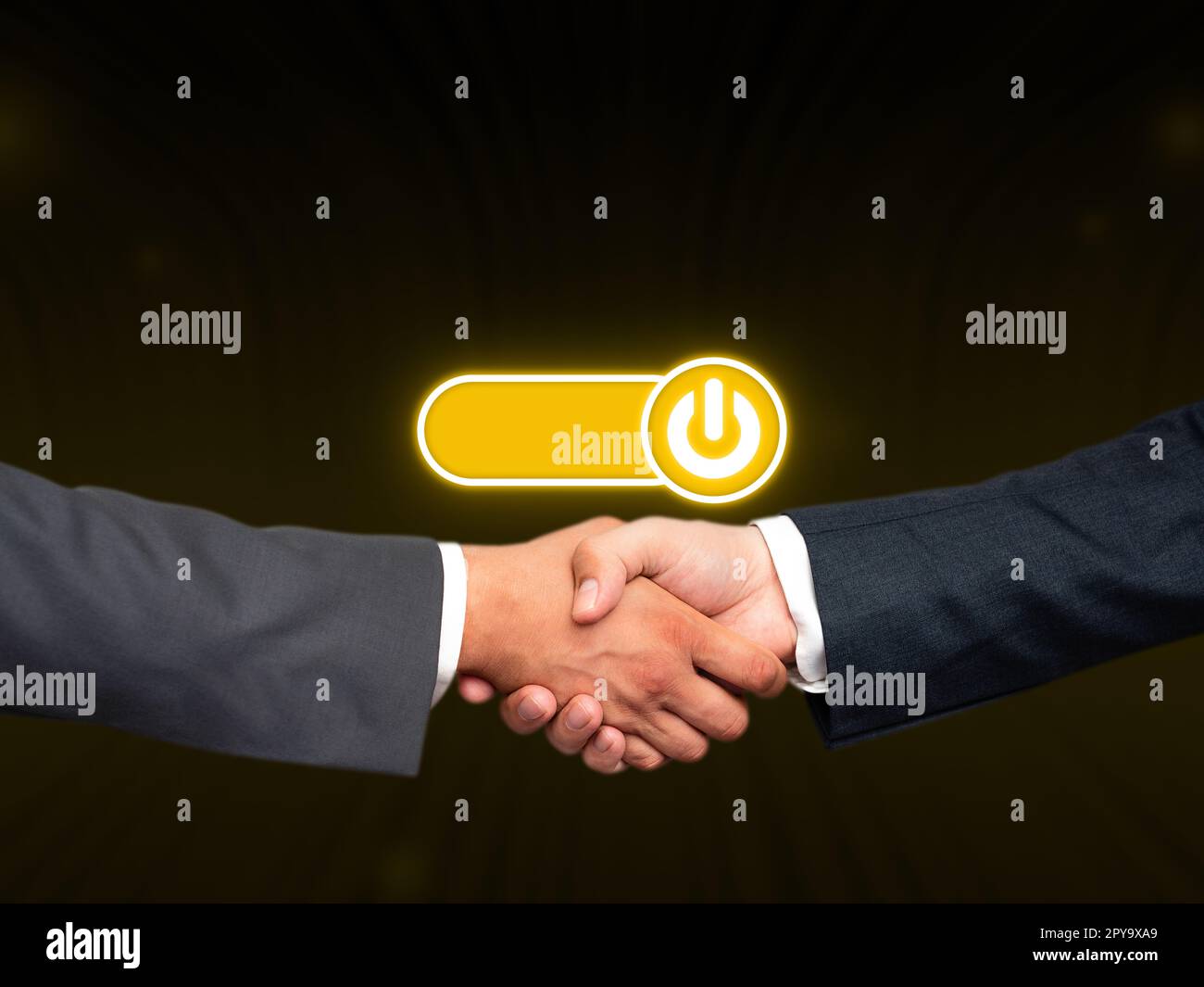 Deux hommes en costumes serrant la main dans le fond de style futuriste avant avec lueur colorée. Les nouvelles technologies numériques du futur. La poignée de main représente un accord. Banque D'Images