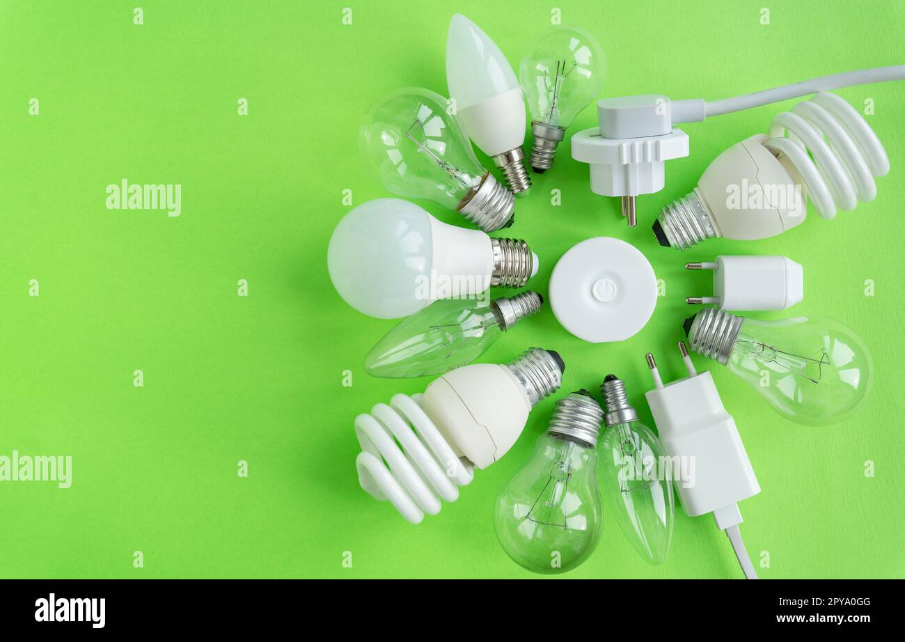 Un ensemble de différents types de lampes LED isolées sur un fond vert. Lampes à économie d'énergie, une lampe de poche au centre. Banque D'Images