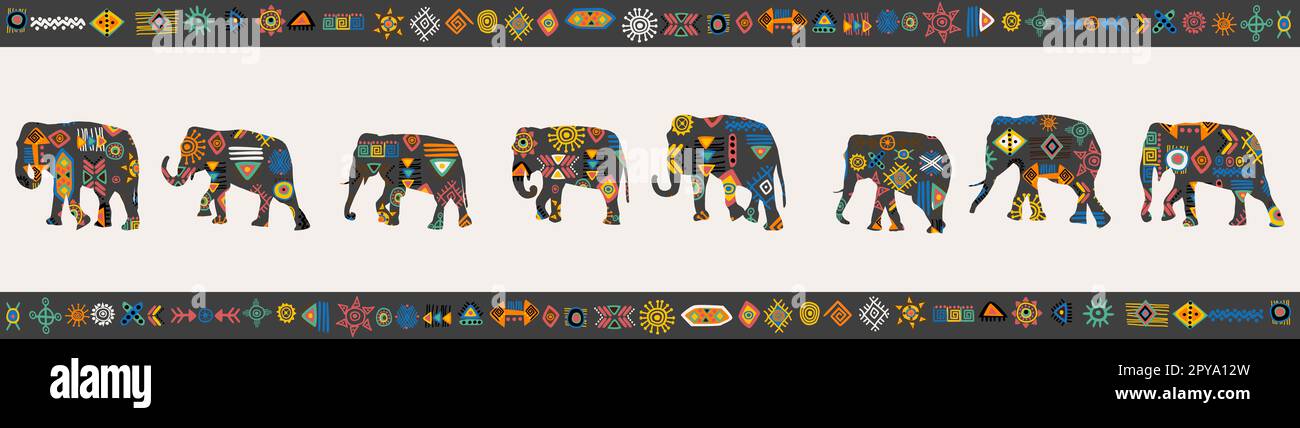 Design africain avec des éléphants et des symboles et motifs tribaux Banque D'Images