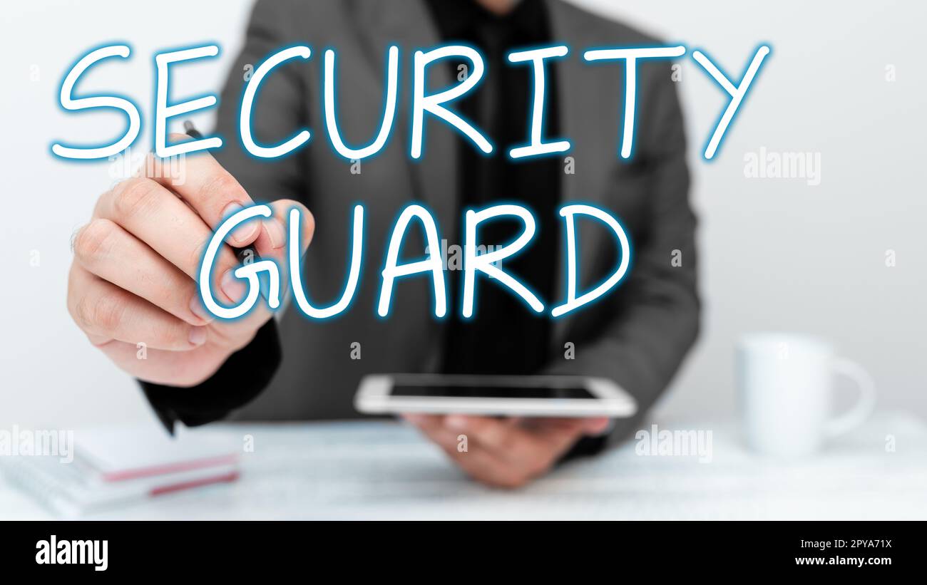 Légende conceptuelle Security Guard. Word pour les outils utilisés pour gérer plusieurs applications de sécurité Banque D'Images