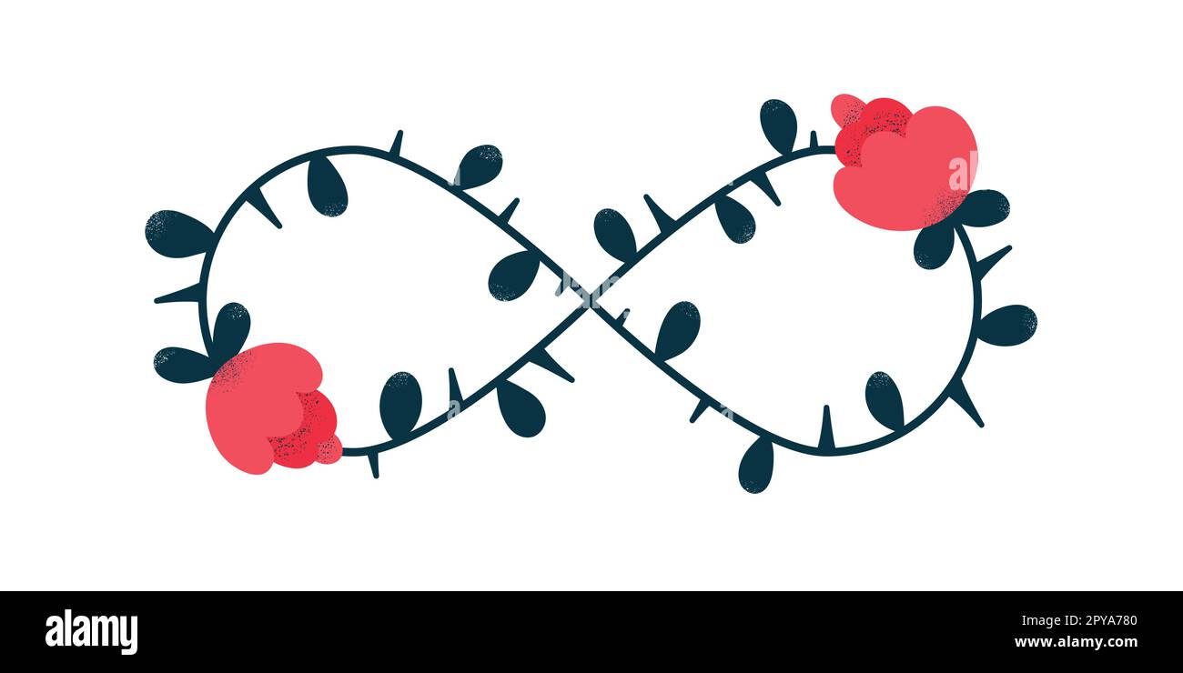 Symbole de l'infini avec des fleurs et des épines comme métaphore du concept romantique de l'amour. Illustration vectorielle, conception plate Illustration de Vecteur