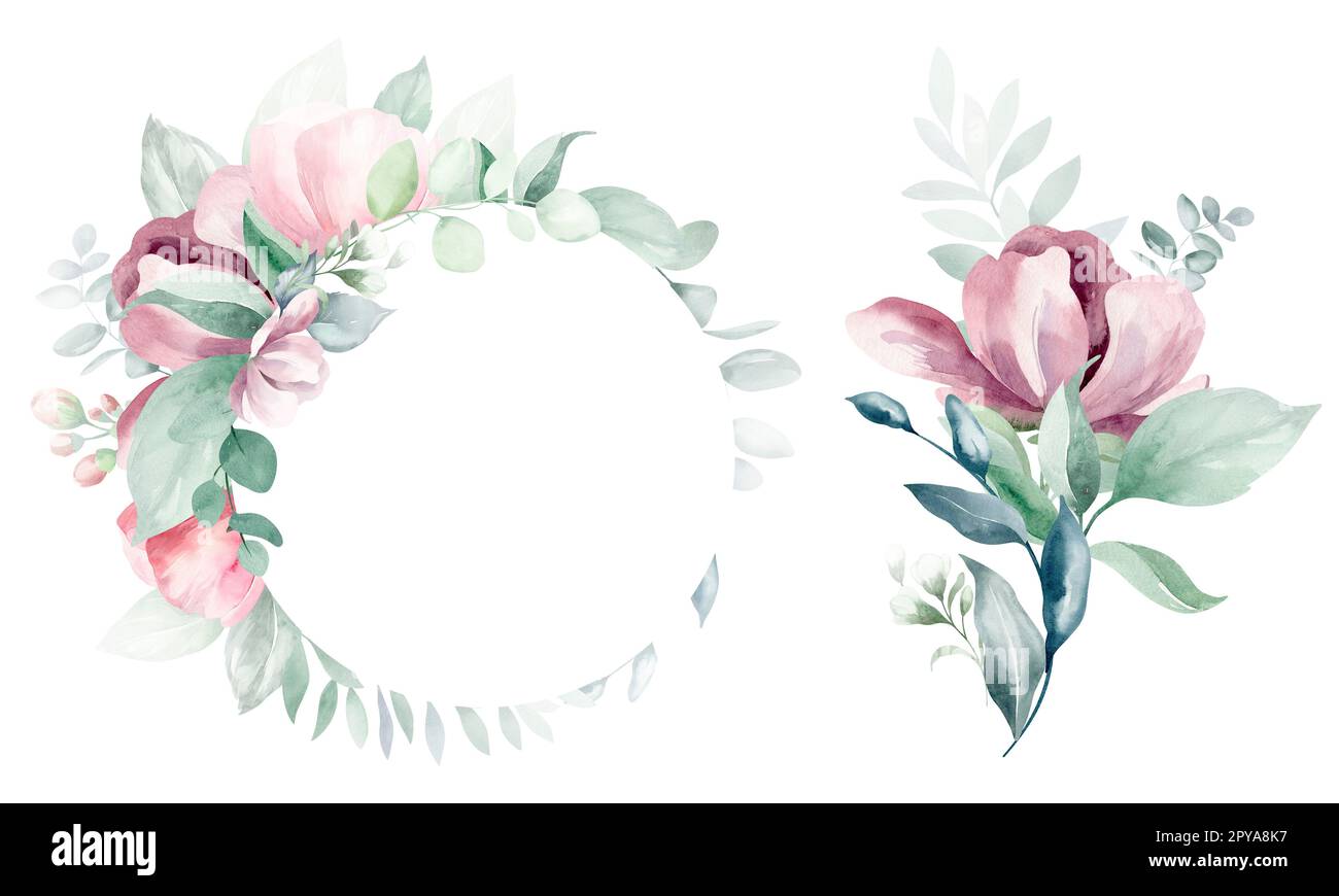 Ensemble d'illustrations de bouquet de fleurs aquarelles - rose pâle, vert, fleur rose, feuilles vertes, branches de bouquets collection. Poste de mariage Banque D'Images