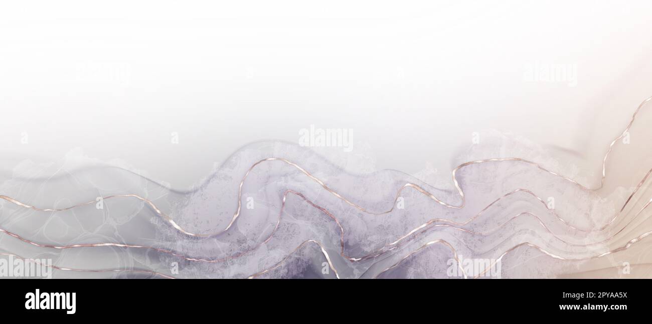 Fond marbré romantique, gris sur fond blanc, or rose, art de l'encre d'alcool, espace de texte, calme Banque D'Images