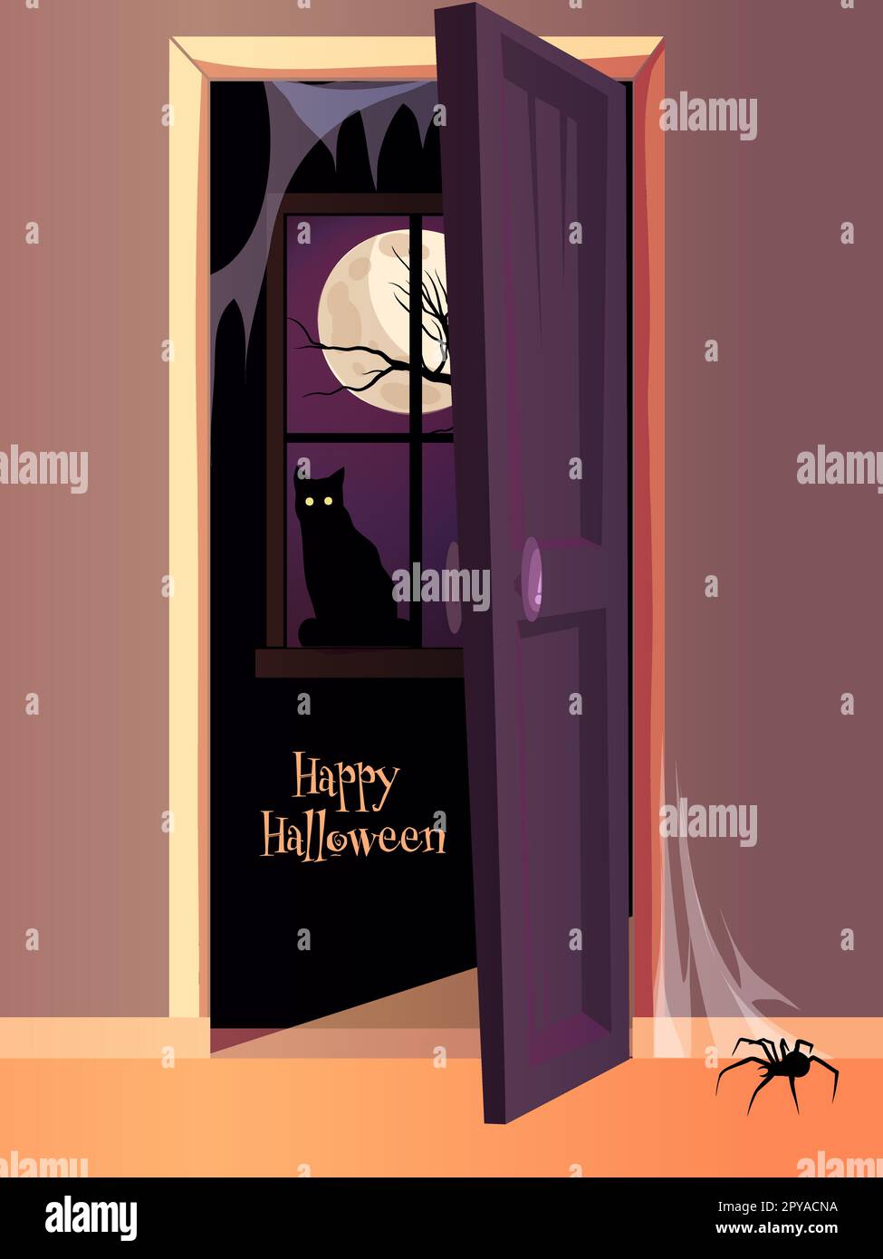 Affiche d'Halloween, chat noir assis sur la fenêtre Illustration de Vecteur