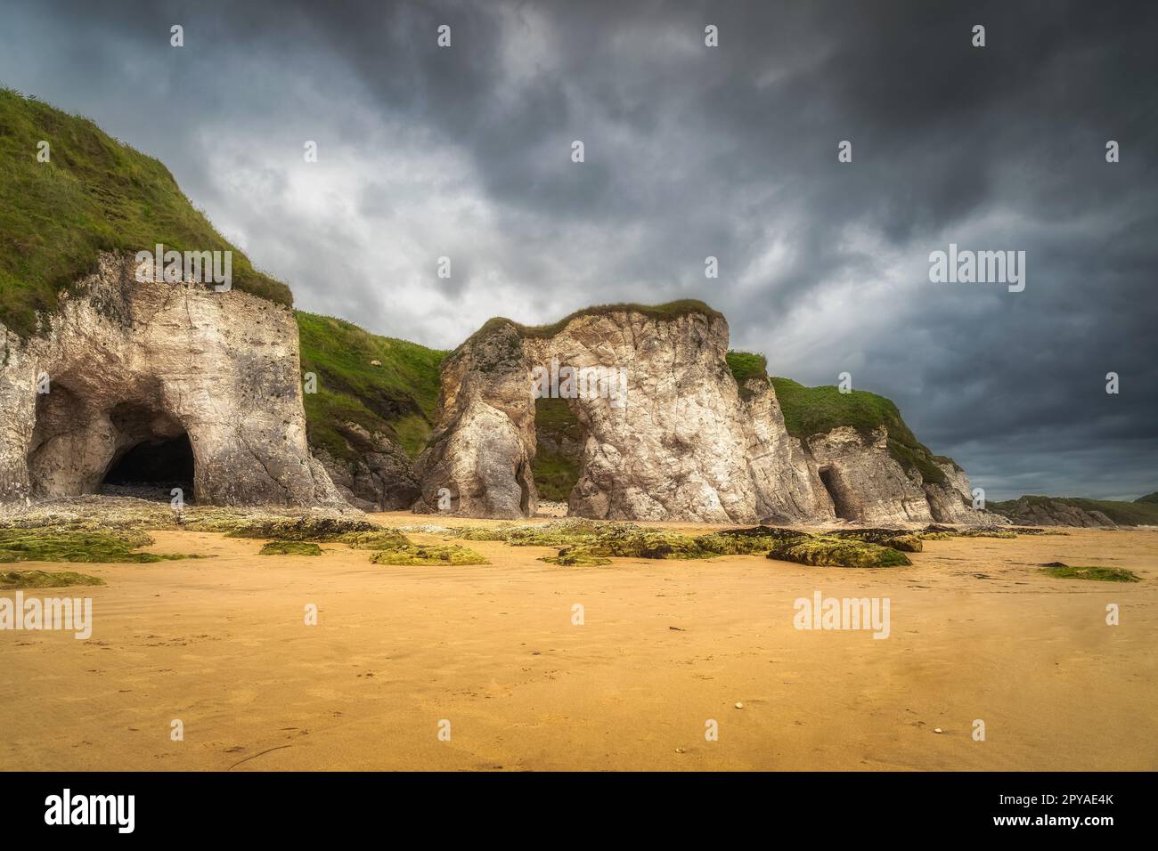 Panorama avec formations rocheuses calcaires blanches et plage de sable, Irlande du Nord Banque D'Images